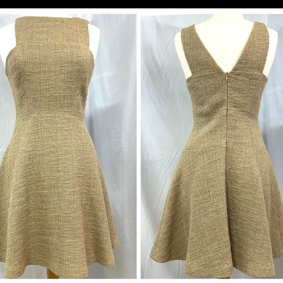 Tibi New York A-line Tan Tweed High Neck Formal Mini Dress Skater Sz 4 Indie NWT - Picture 1 of 17